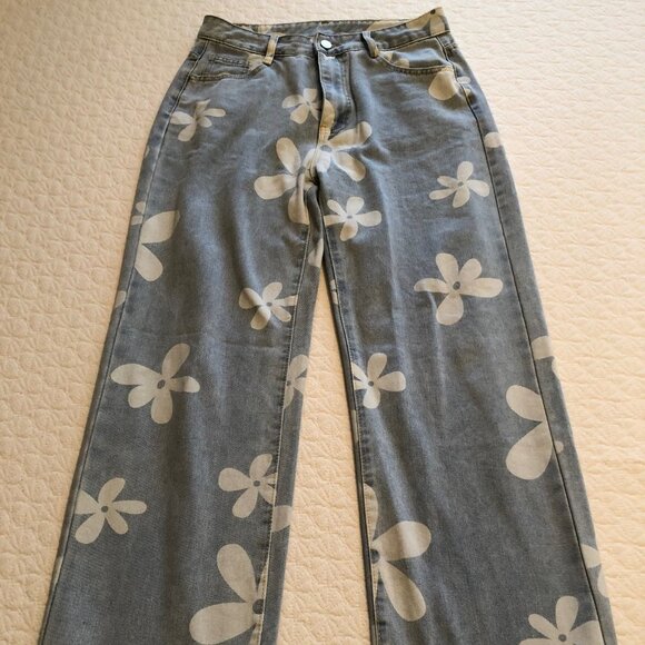 SHEIN Straight Denim Jeans Women's Size M Blue High Rise 5-Pocket Floral Print - Picture 2 of 7